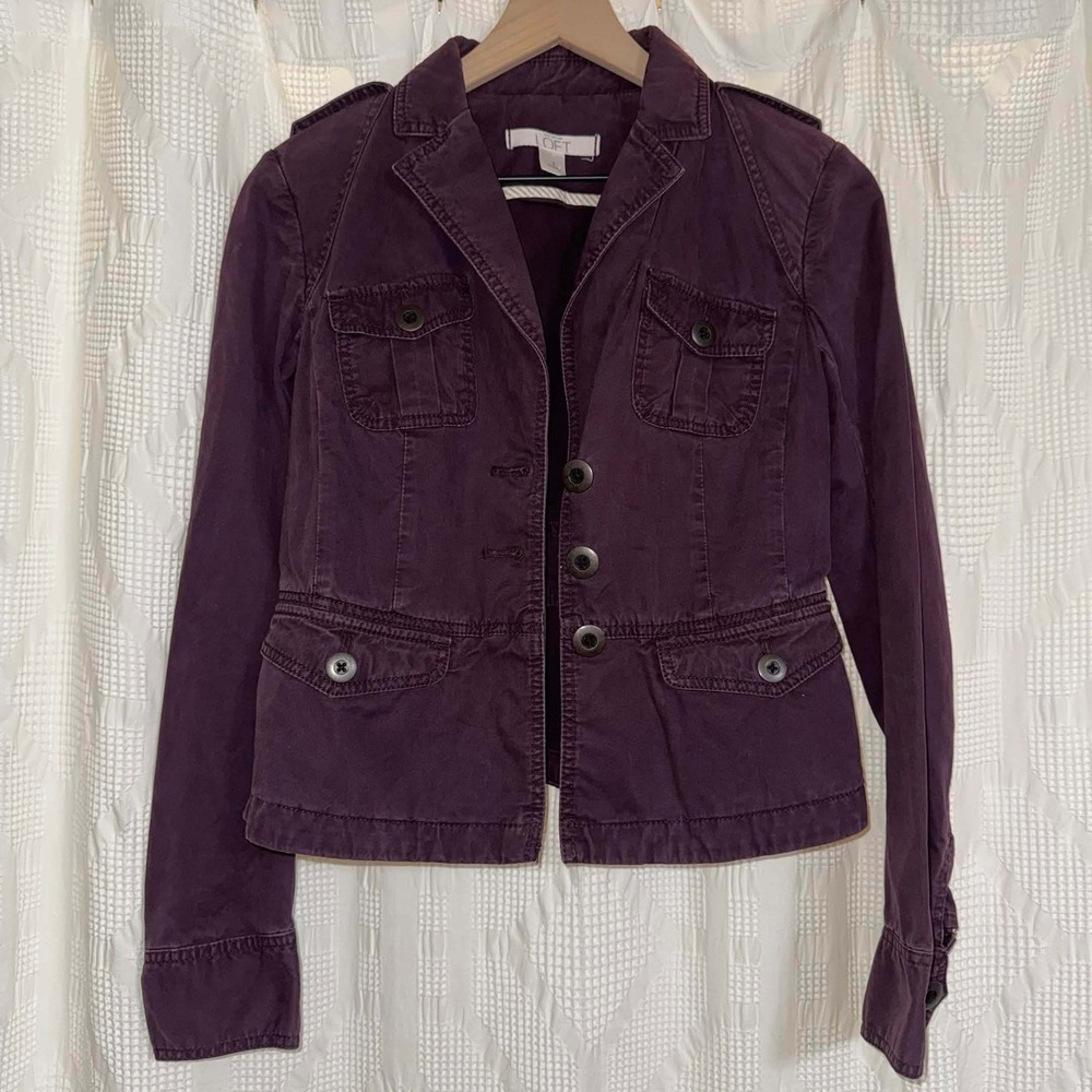 Ann Taylor LOFT Utility Jacket Purple Military Epaulette Cotton Twill Size 2